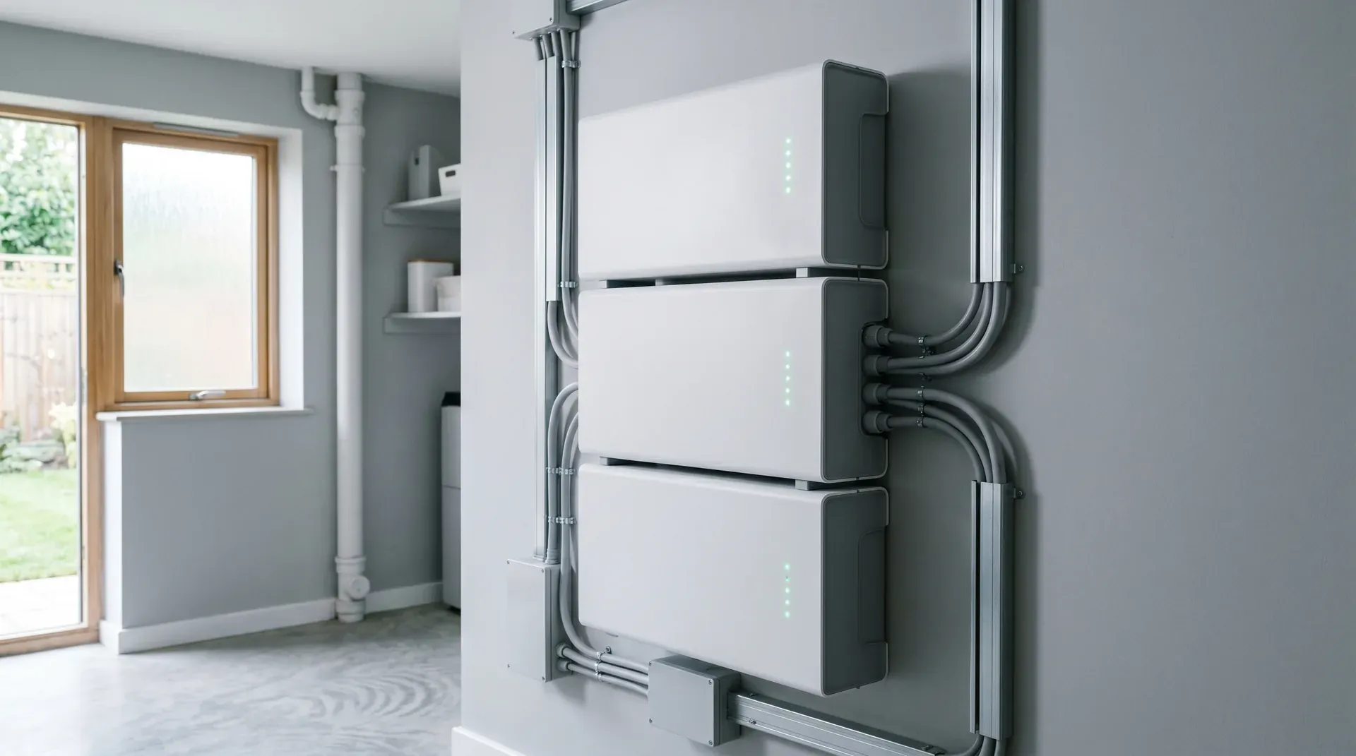 Cabinet modular de baterii de stocare cu LED-uri verzi montat pe perete în camera tehnică, asociat cu confirmarea bugetului AFM 2026