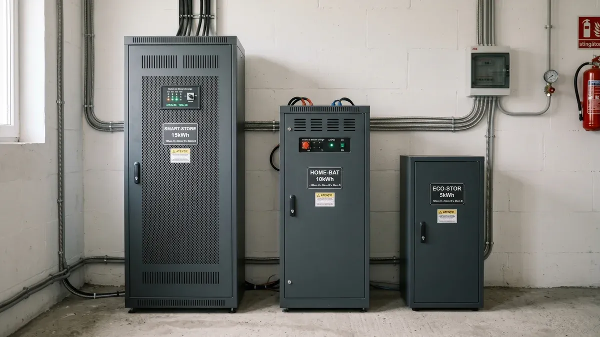 Trei cabinete de baterii LFP de capacități diferite aliniate într-o cameră tehnică românească, cu etichete de 5, 10 și 15 kWh