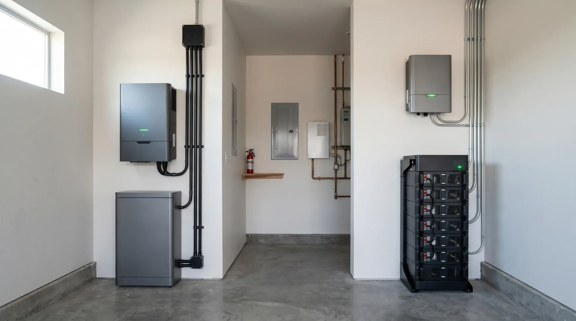 Comparație vizuală între un sistem hibrid all-in-one (stânga) și o configurație separată cu invertor și baterie modulară (dreapta) într-o cameră tehnică rezidențială