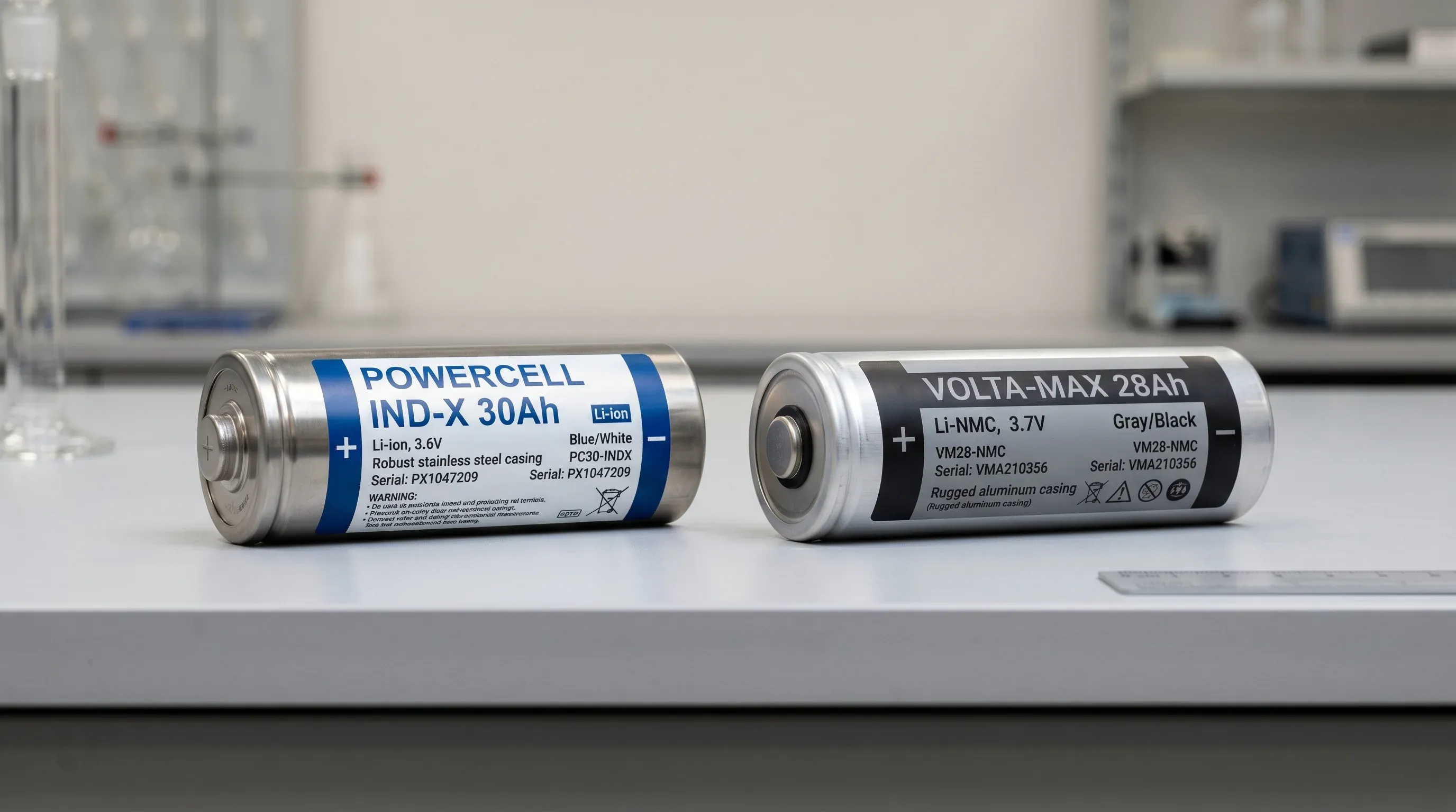 Două celule de baterie litiu de tehnologii diferite, LFP și NMC, comparate pe o masă de laborator