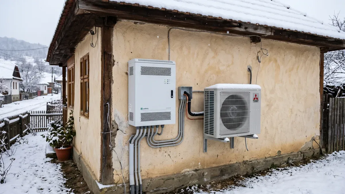 Pompă de căldură montată pe peretele exterior al unei case cu panouri fotovoltaice pe acoperiș, iarnă
