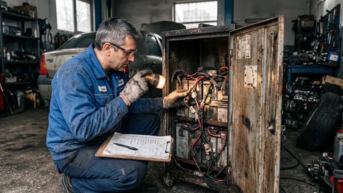 Baterie de stocare fotovoltaică folosită, cu etichete de uzură vizibile