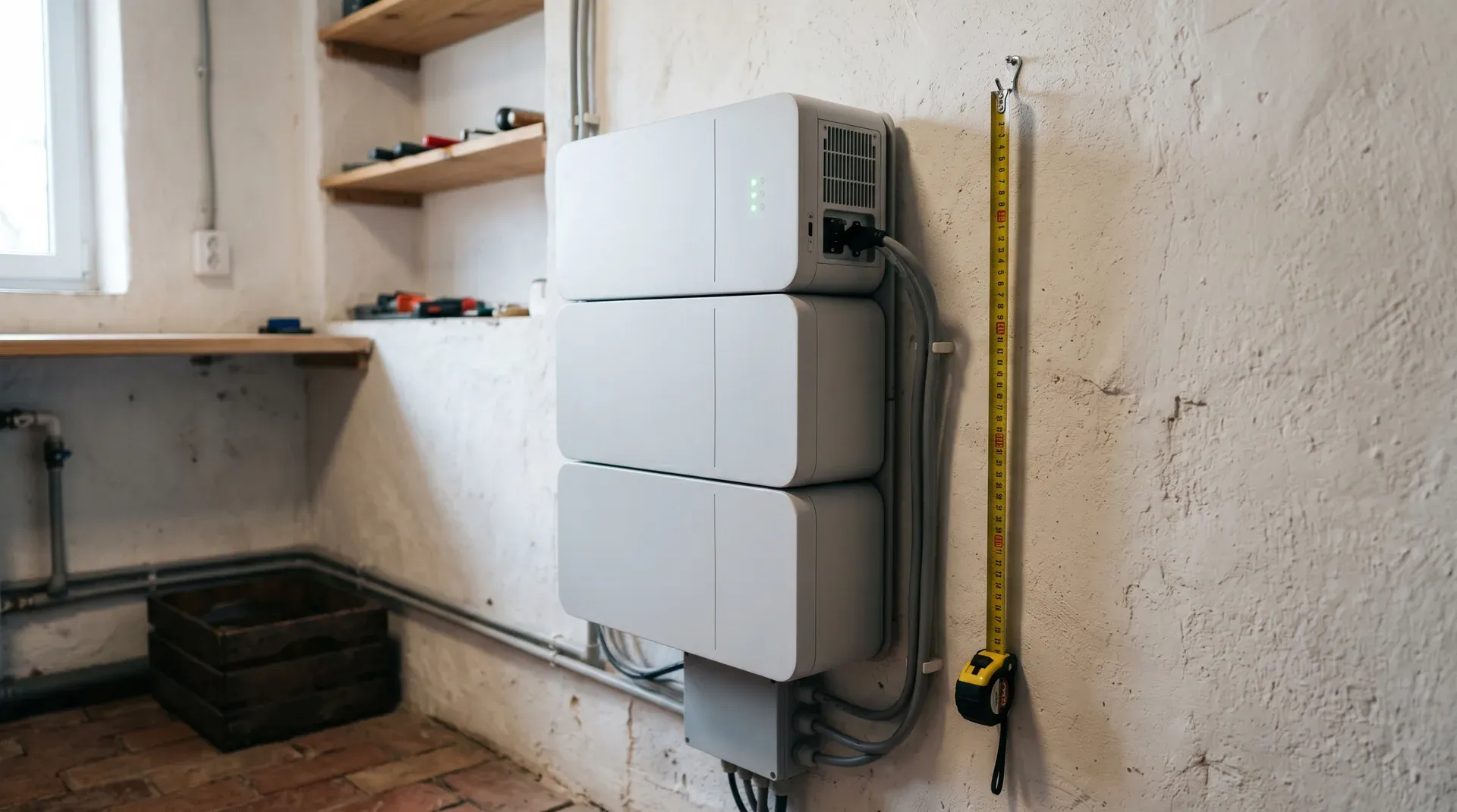 Baterie LFP modulară montată pe perete într-o cameră tehnică din România, cu indicatoare de capacitate și conducte de cabluri