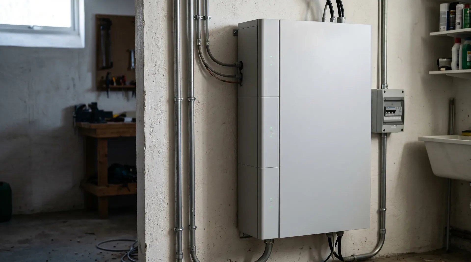 Sistem modular de stocare LFP montat pe peretele unui garaj rezidențial cu conducte metalice și panou de siguranțe