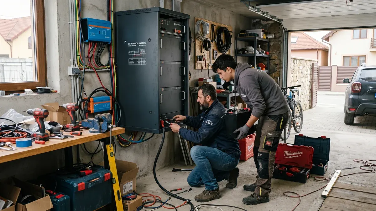 Electrician montând o baterie de stocare pe peretele unui garaj, lângă tabloul electric, sistem fotovoltaic pe acoperiș vizibil