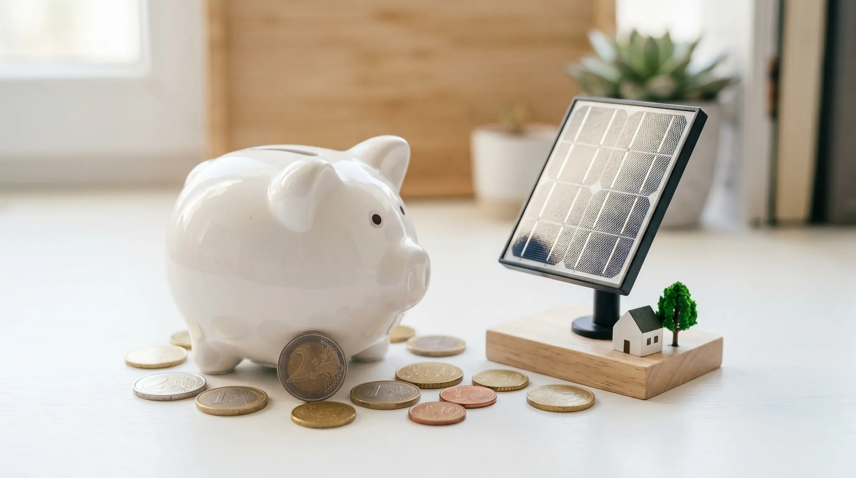 Pușculiță din ceramică albă lângă un mini panou solar și monede euro, ilustrând economia adusă de bateria fotovoltaică