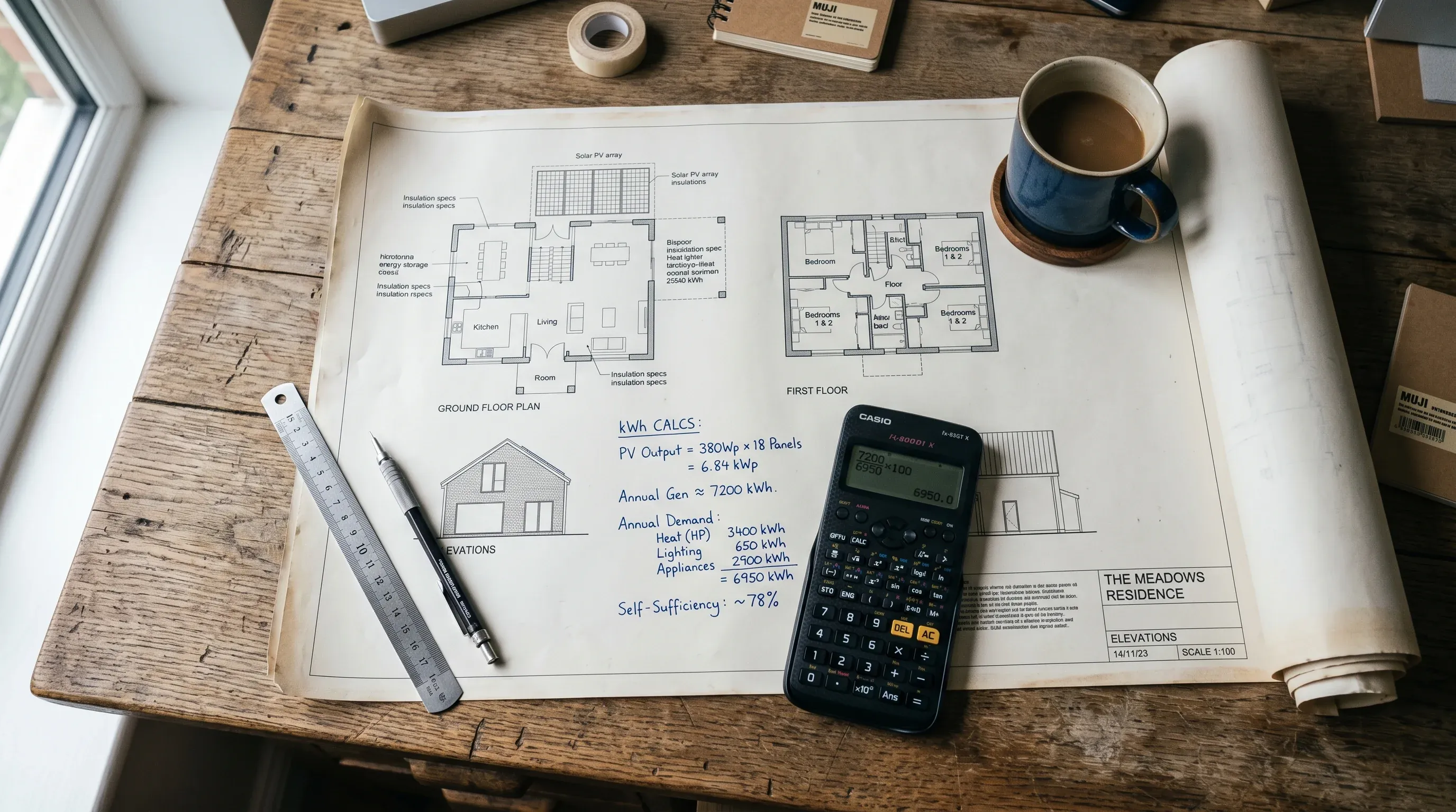 Plan de arhitectură cu calcule în kWh, calculator și ruler pe un birou, simbolizând dimensionarea bateriei pentru casă
