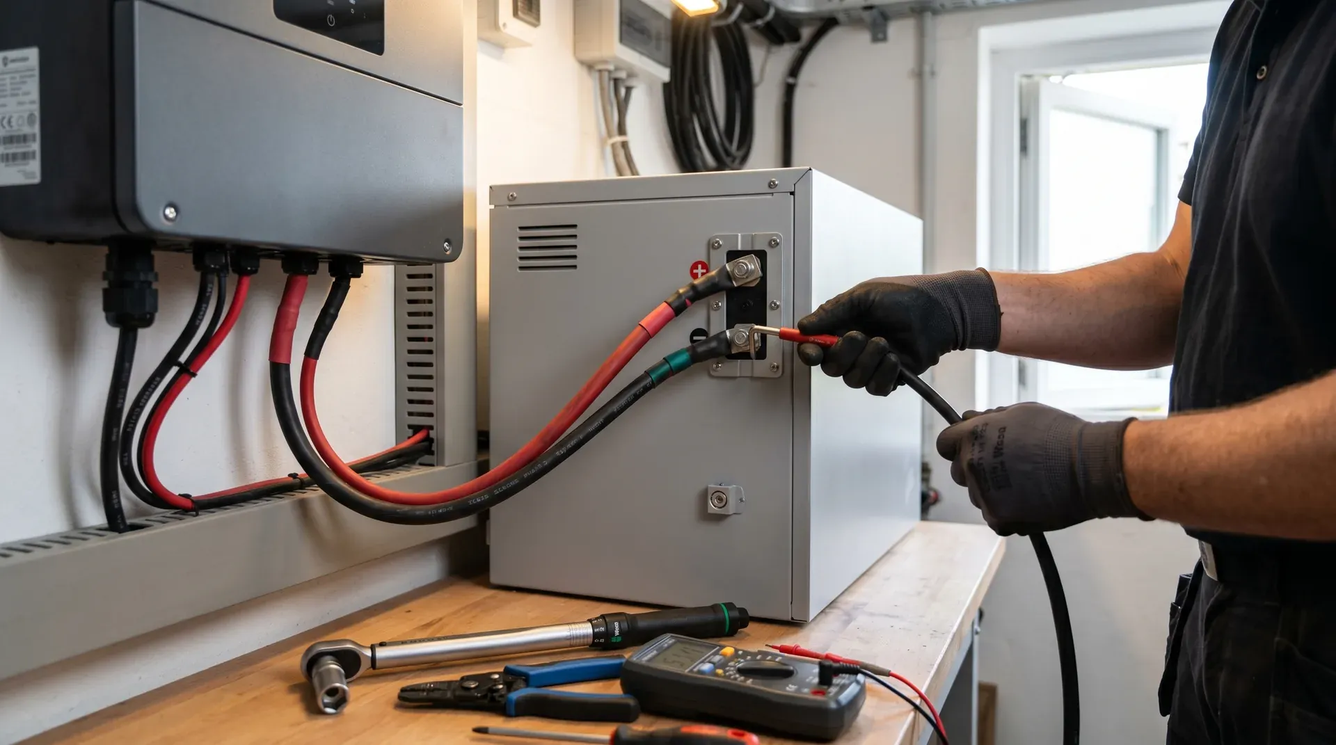 Mâinile unui electrician conectând cabluri DC între un invertor hibrid și un cabinet de baterii într-o cameră tehnică din România