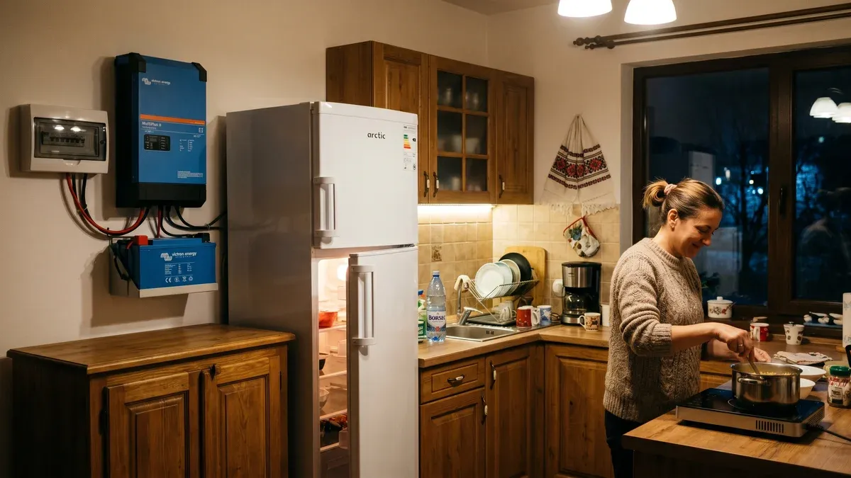 Tablou electric cu baterie de stocare montată pe perete, contor și cabluri ordonate într-o cameră tehnică