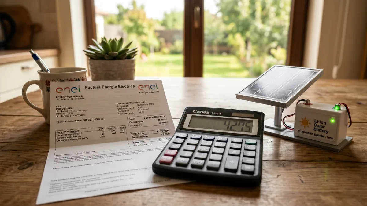 Factură de energie electrică românească cu sold zero, alături de o baterie LFP și un calculator, pe o masă luminată natural