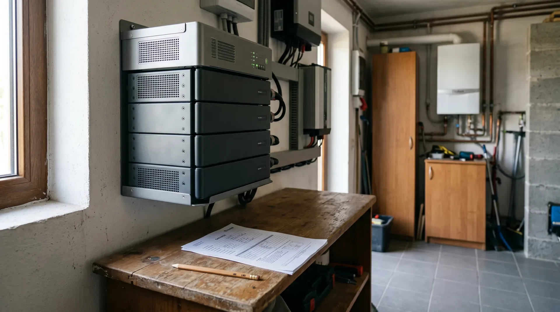 Document de garanție baterie LFP rezidențială pe birou cu pix și cabinet baterie wall-mounted în spate