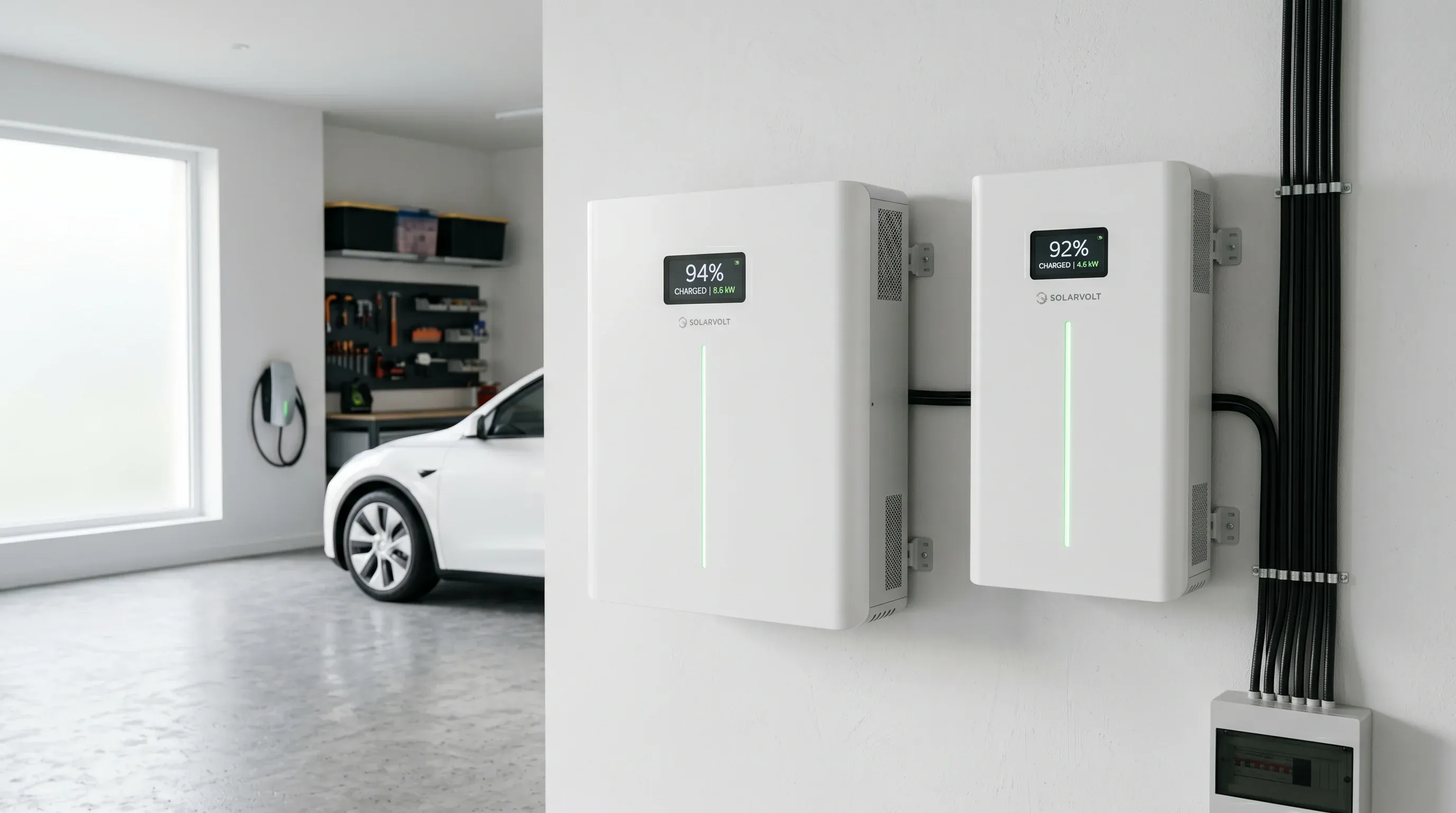 Două baterii rezidențiale wall-mounted de capacități diferite, comparate pe un perete alb, pentru alegerea corectă a modelului