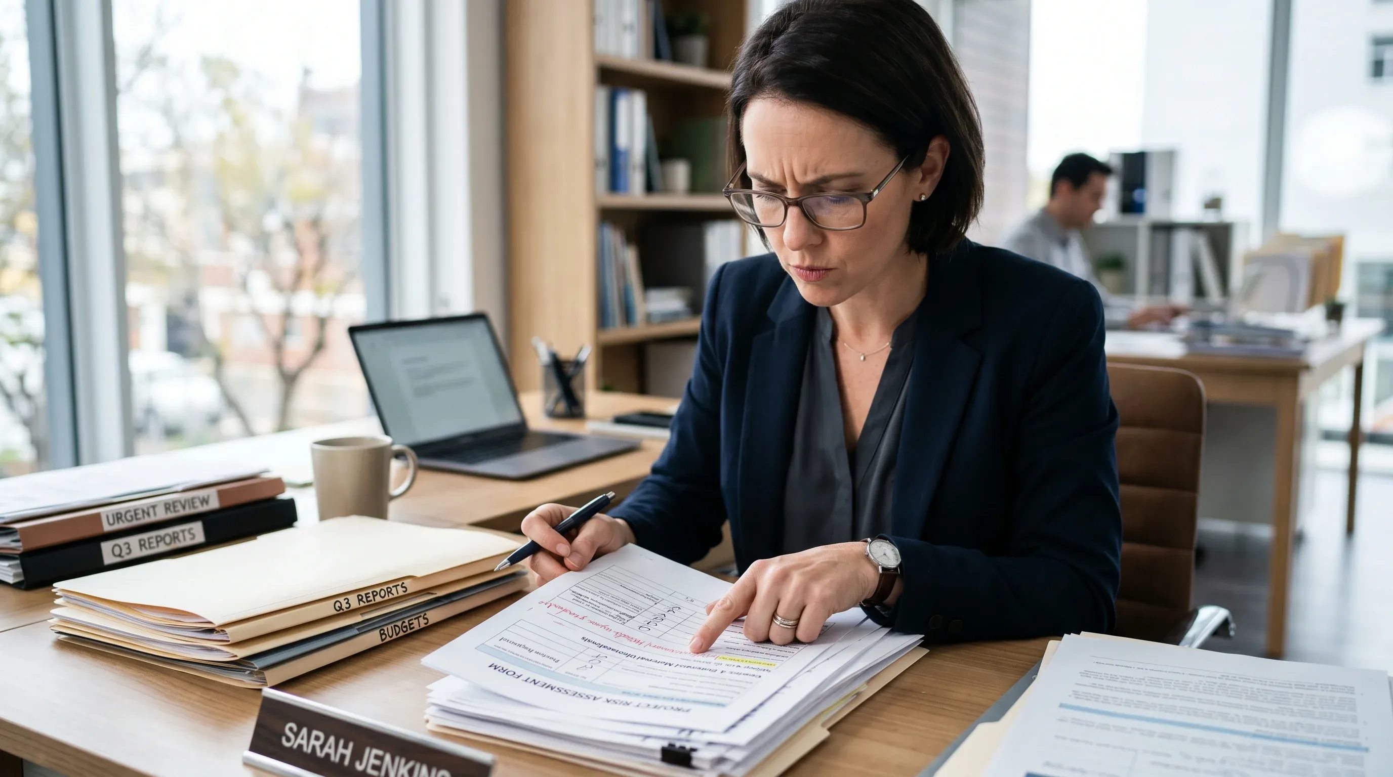 Persoană concentrată analizând un teanc de documente la birou, situație tipică de verificare dosar înainte de depunere