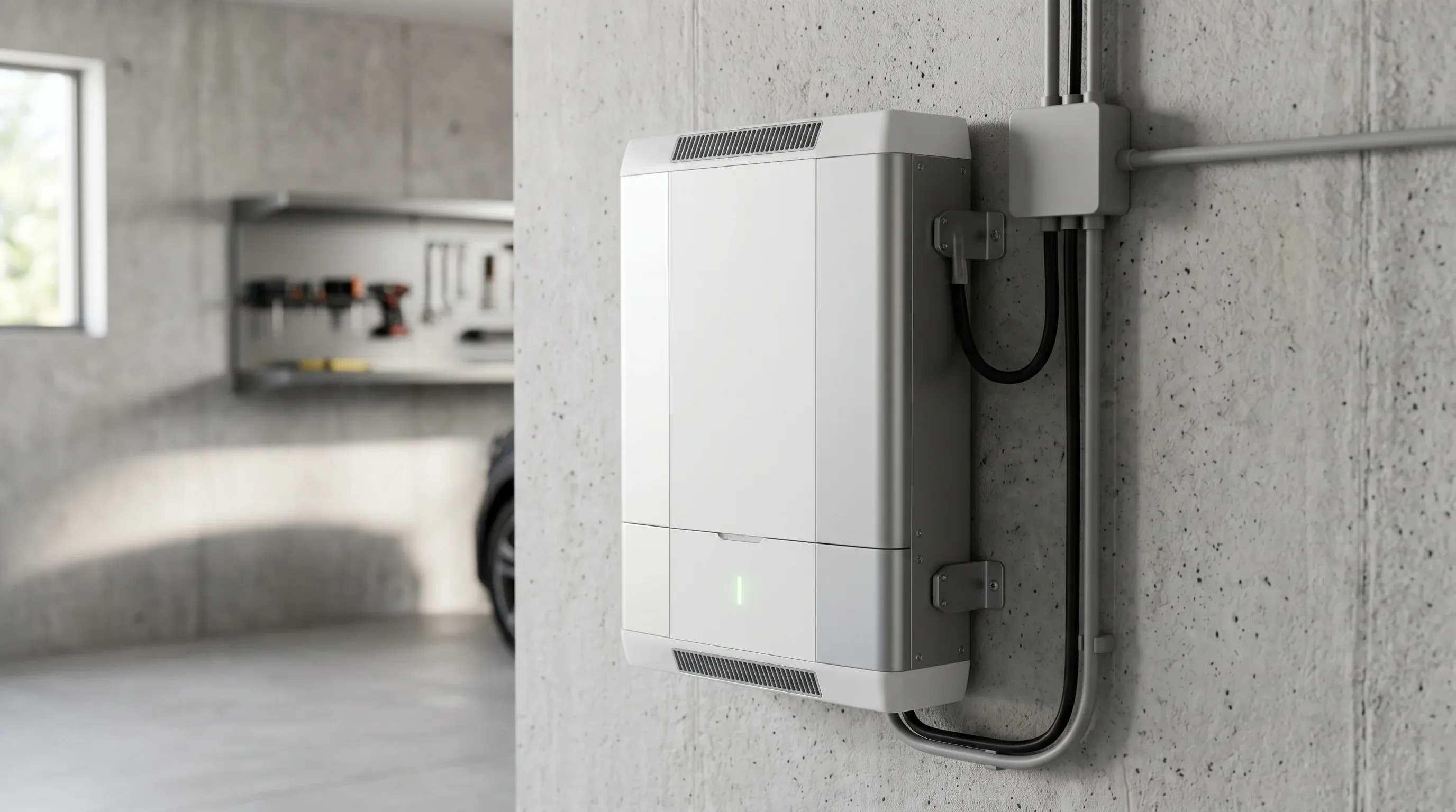 Baterie fotovoltaică LFP de culoare albă montată pe perete într-un garaj modern