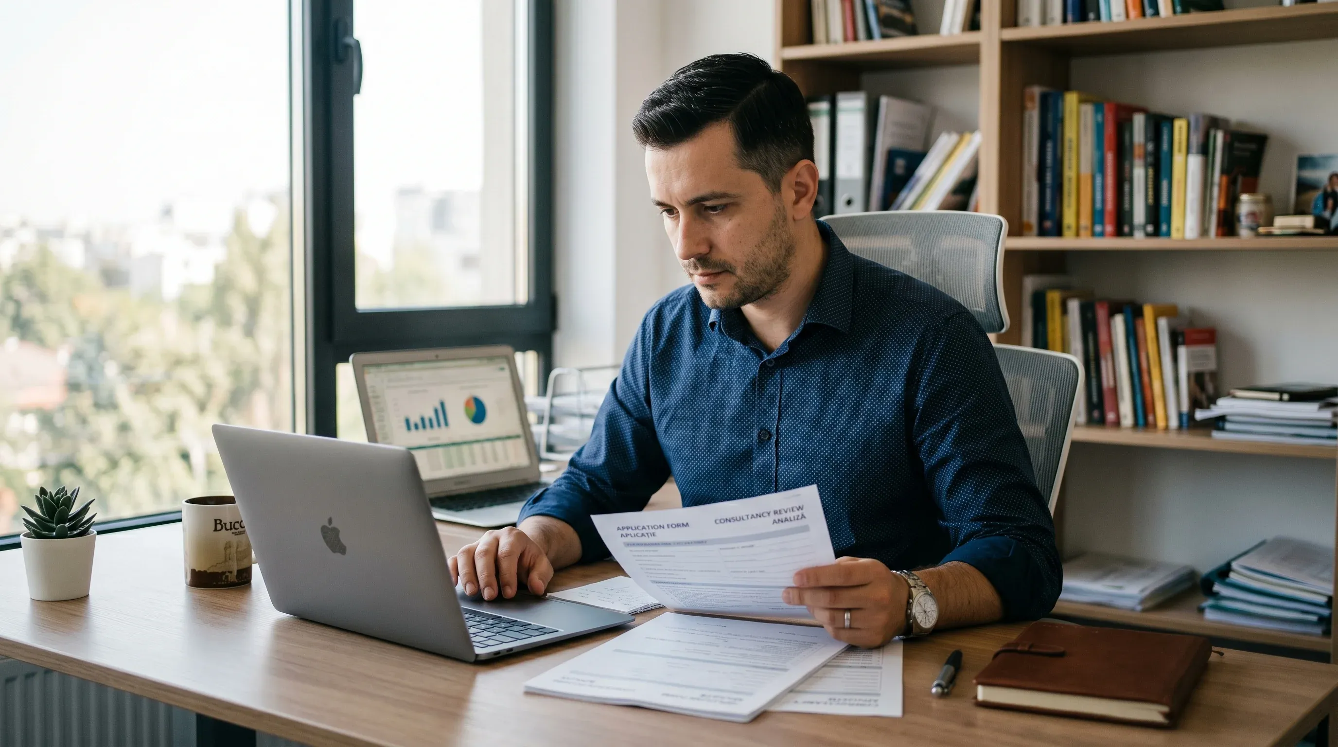 Consultant verifică documentele pentru dosarul Casa Verde 2026 la un birou cu calculator și formulare printate