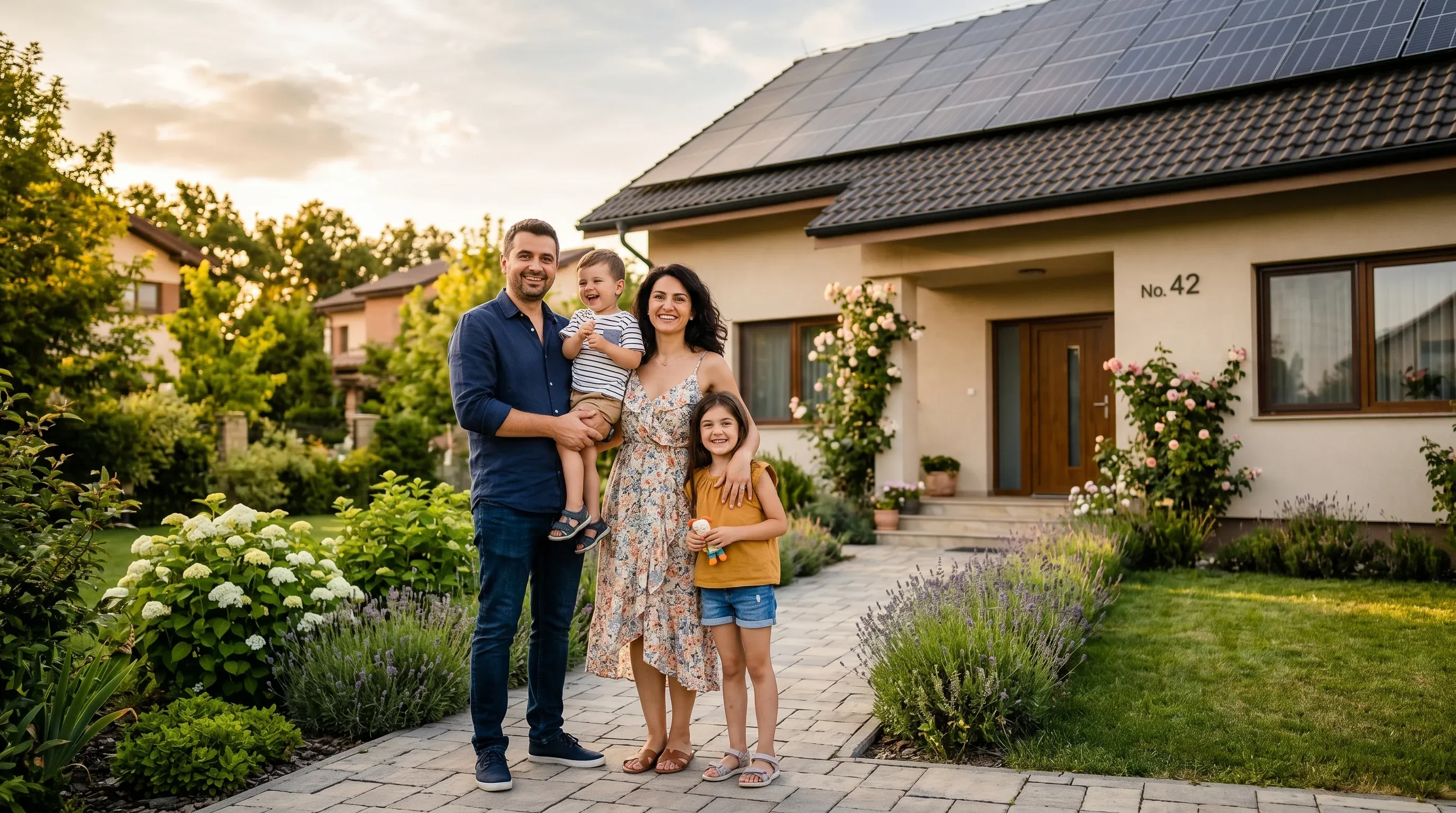 Familie de români în fața unei case rezidențiale cu panouri fotovoltaice, eligibilă pentru programul Casa Verde