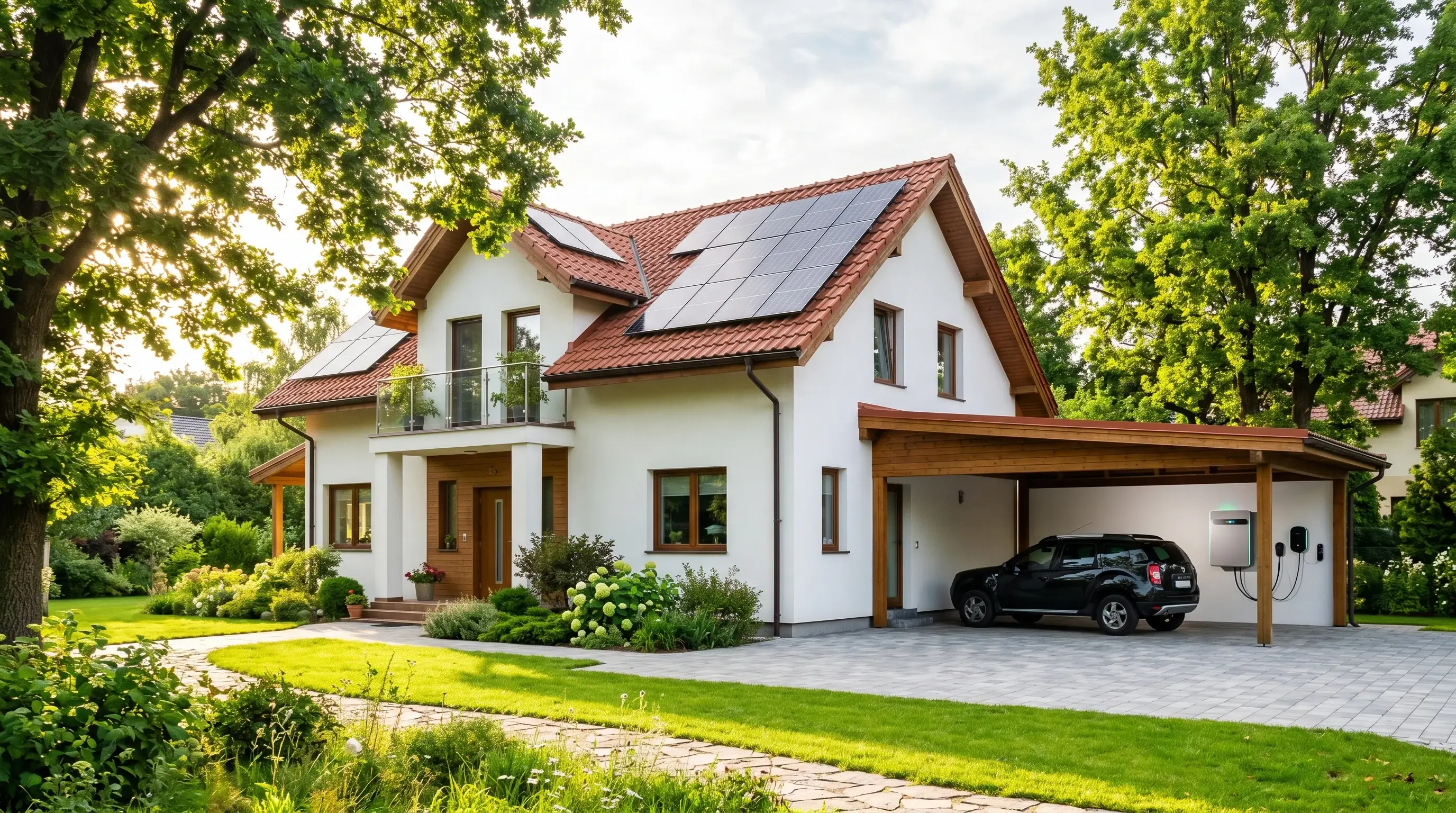 Casă din România cu panouri fotovoltaice pe acoperiș și sistem de stocare cu baterii în garaj, beneficiară a programului Casa Verde