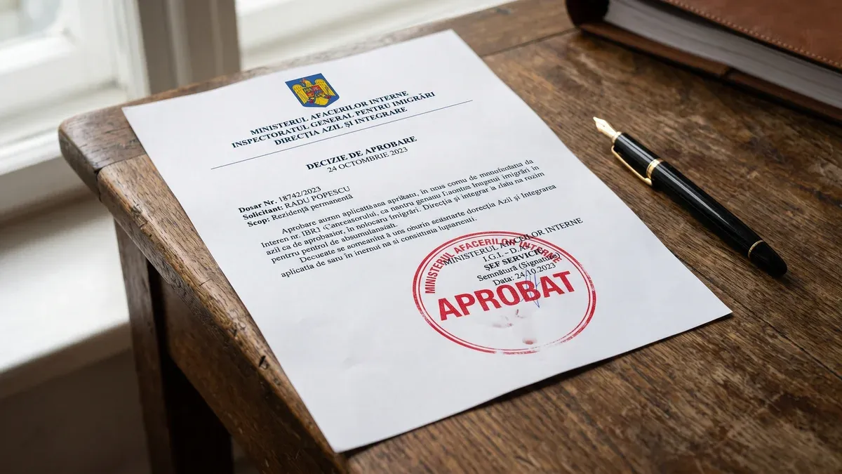 Bilet oficial guvernamental cu ștampila aprobat aplicată pe document, pixul așezat alături în lumină naturală