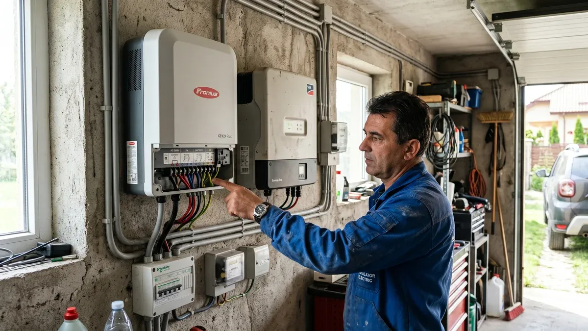 Invertor hibrid montat pe peretele unei camere tehnice românești, conectat la o baterie LFP și la tabloul electric, cabluri ordonate