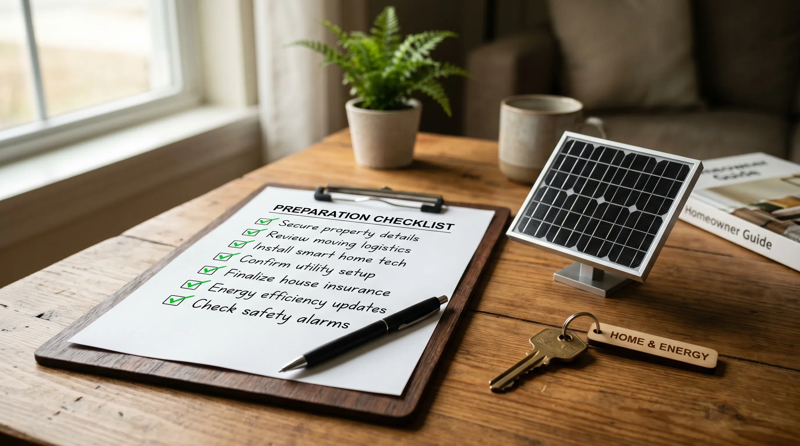 Listă cu bifări verzi pe clipboard de lemn, lângă un mini panou solar și o cheie de casă, simbolizând pregătirea dosarului Casa Verde