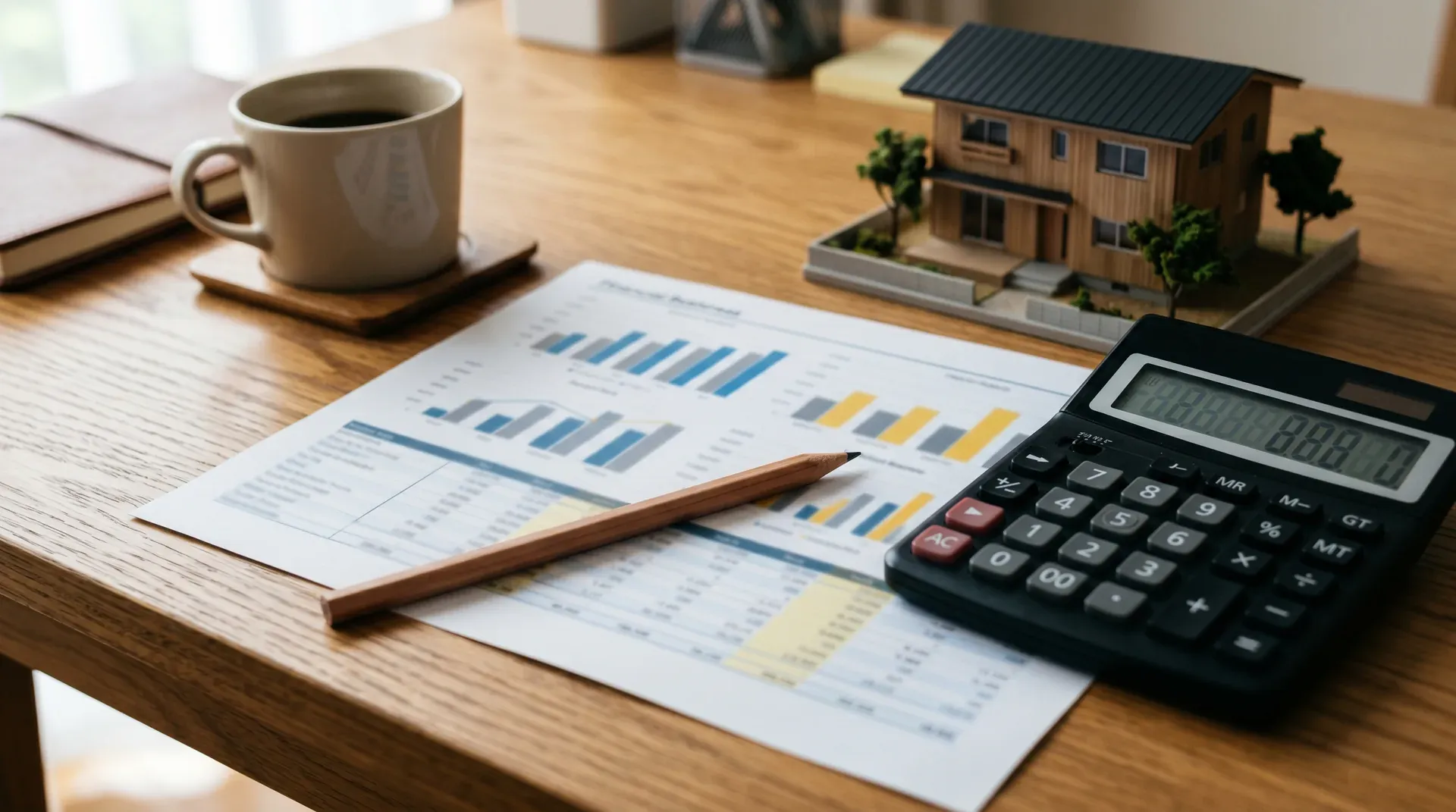 Birou de lucru cu calcule financiare tipărite, calculator și casă în miniatură pentru estimarea ROI baterie fotovoltaică